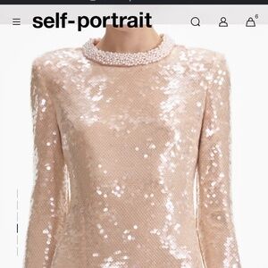 Self portrait champagne sequin dress with beads around neck and wrists